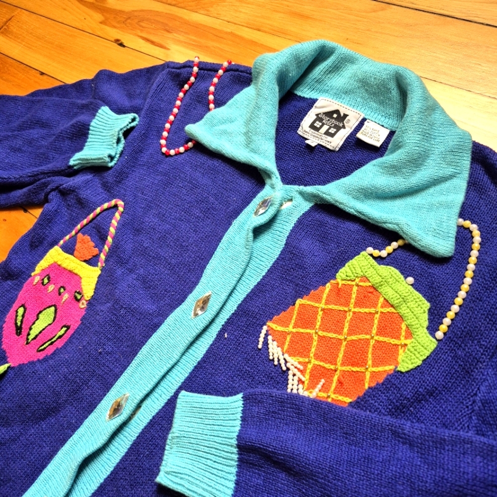 Storybook Knit Cardigan Sweater Womens S Blue Embroidered Granny Holiday Ugly